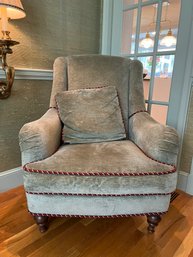 O/ 2pcs - Green Chenille Drexel Heritage 'Thornton' Arm Chair W Red & Green Braided Trim W Accent Pillow