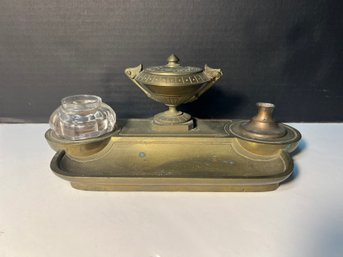 AN/CR87 - Antique Brass Inkwell With Wood Bottom Underneath