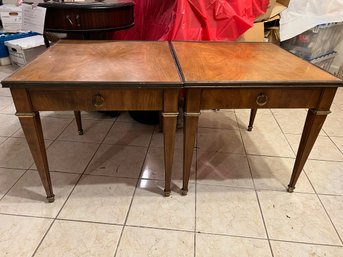 BR/ Pair Of 2 Mid Century Modern Pretty Wood Single Drawer End Side Accent Tables W Metal Cap Feet & Pulls