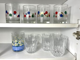 K/ 13pcs - Shelf Of Assorted Low Ball Glasses