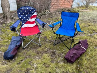 C/ 2pcs - Canvas Folding Quad Camp Chairs - 1 With American Flag Design - Very Cool!