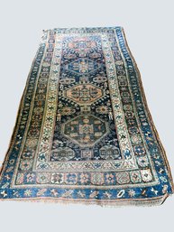 3U/ Antique Woven Area Rug: Pink, Blue, White, Brown, Yellow. Caucasian, Kazak Circa, WW1 & WW2