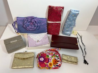 10 Pc Asstd Small Bag, Wallet, Jewelry Pouch Bundle Plus 1 Costume Necklace By 1928