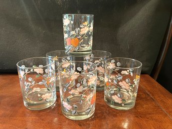 DR/ Set Of 6 Vintage Clear Glass Low Tumblers W Flowers Fruit Butterflies Design