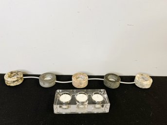 C/ 2pcs - Candle Holders: Thick Glass With 3 Tea Lights And Metal - Stone With 5 Candle Holders