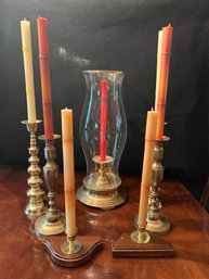 DR/ Box W Assorted Gorgeous Brass & Wood Candle Stick Holders, 1 Hurricane Style, & Tall Candles