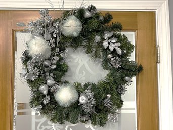 White & Silver Decorated Holiday Christmas Faux Green Wreath