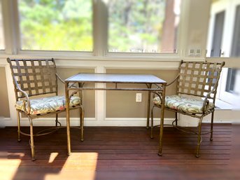 P/ 3pcs - Brown Jordan Metal W Glass Top Table & 2 Chairs W Tropical Design Cushions