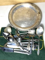 L/ Assorted Silver Plate Round Platter And Utensils