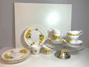 Glass Footed Cake Stand & Set Of Regency English Bone China Yellow & Lavender Flowers Tea Set