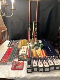 DR/ 5 Candle Holders & Lots Of Asstd Candles - Baldwin, Petites Choses, Ronson Butane, German, Electric Etc