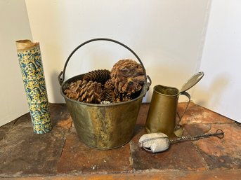 LR/ 3pcs - Fireplace Decor: Brass Bucket, Fire Starter And Matches