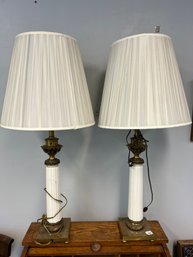 AN/CR71 - 2 Brass And Ceramic Tall Table Lamps With Shades