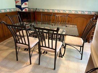 K/ Pretty Dark Grey Wrought Iron & Glass Table W 6 Matching Side Chairs