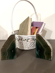 BR/ Basket Of Note Paper Journals & Pair Of Green Agate Crystal Stone Geode Book Ends