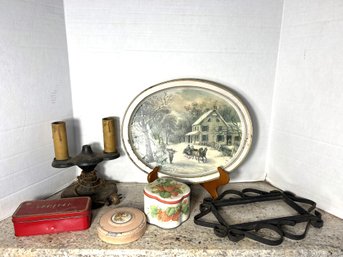 FR/ 6pcs - Antique Vintage Lamp, Tins Etc