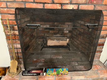 BR/ 5 Pc Fireplace Set - Black Mesh Screen, Brass Tools & Caddy, Log Rack W Logs, Matches