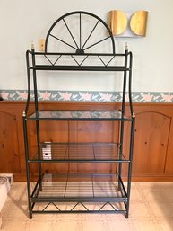 K/ Greenish Greyish Metal & Glass 4 Tiered Bakers Rack W Gold Colored Accents