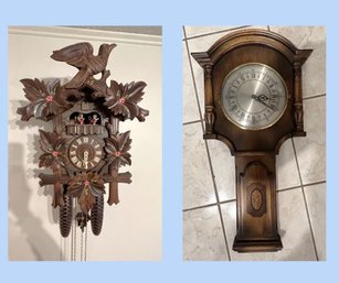 BR/ 2 Vintage Clocks - Large Cuckoo By Schwarzwald Germany, Wall Clock  W Inlaid Wood Bollenbach #1860