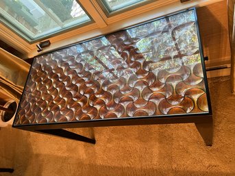 DR/ Art Deco Sofa Console Table - Black Frame, Glass Top Over Intricately Carved Lacquered Wood Amber Tones