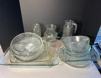 P/ Various Sizes Of Glass Serving And Cookware By Pyrex Etc & 2 Glass Pitchers
