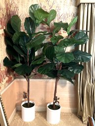 DR/ 2 Large Potted Faux Fiddle Leaf Plants W Little Metal Figures On Stands In Pots