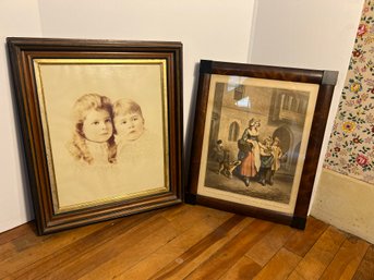 4U/ 2pcs - Vintage/Antique Art: Beautiful Wood Frames, 2 Children & Print Of Painting By F. Wheatley