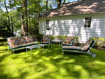 BY/ Outstanding 6 Pc Mid Century White Metal Patio Furniture Lot - Sofa, Spring Chair, Lounger, Tables, Chair