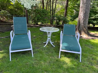 BY/ 3 Pc - 2 White Metal Green Fabric Chaise Loungers NorthCape Intl & 1 White Metal Round Table W Plexiglass