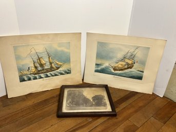 4U/ 3pcs - Vintage/Antique Art: Joseph Ward, Boston - Old Landscape Framed Photo, 2 Ship Prints In French