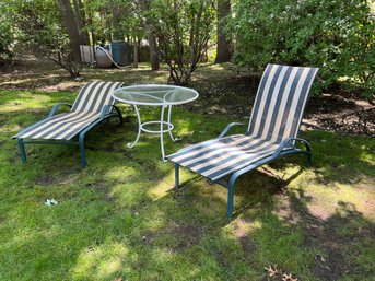 BY/ 3 Pc - 2 Green Metal Green Striped Fabric Chaise Loungers & 1 White Metal Round Table W Glass