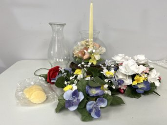 Bag: 1 Round Wood Candle Holder, 2 Glass Hurricane Shades, 1 Bag Candle Snuggers, 3 Faux Floral Candle Rings