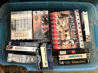 FR/ Large Plastic Tote W Assorted VHS Box Sets - Some PBS History Documentaries, Baseball, Presidents Etc