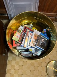 FR/ Very Large 17'x12' Decorative Hammered Brass-Like Bucket W Assorted DVDs & Few Catalogs & VHS