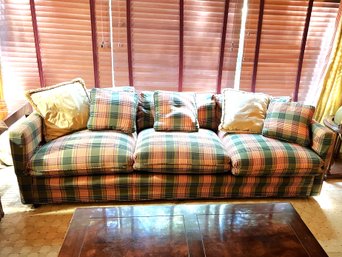 FR/ Super Comfy 3 Cushion Madras Plaid Sofa On Wheels & 5 Accent Pillows - Separate Back & Seat Cushions