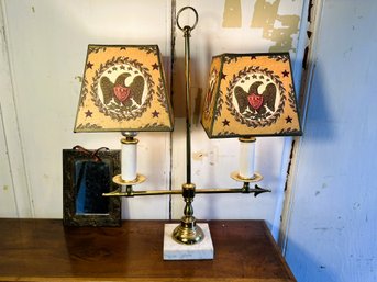 3U/ 2pcs - Vintage Lamp: Marble/Brass Base With American Eagle Lamp Shades & Small Mirror