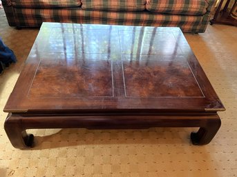 FR/ Very Large 48' X 38' Wood Low Coffee Table W Brass Corner Accents & Shaped Legs & 4 Panel Top