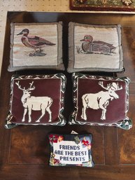 FR/ 5 Assorted Accent Toss Pillows - Needlepoint 'friends', 2 Moose, 2 Ducks/Loons