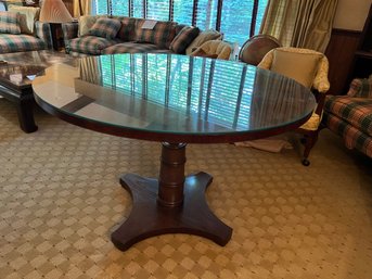 FR/ Magnificent Rotating Up Down Round Wood Pedestal Game/Dining Table By Henredon, Custom Glass Top