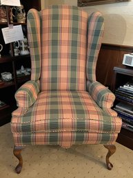 FR/ Pretty Madras Plaid Upholstered High Wing Back Arm Chair Wooden Legs / Matches Couch & Loveseat