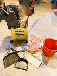 C/9 Pc Floor Cleaning Lot - Yellow Wheeled Commercial Bucket W Wringer, Mop, Mop Heads, Dust Pans