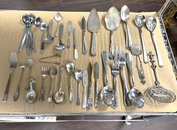 37 Pc Vintage Assorted Unique Silverplate & Some Stainless Flatware & Serving Utensils