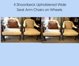 FR/ 4 Schoonbeck Pale Yellow & Leafy Pattern Upholstered Arm Chairs, Wood Frame, Wheels, Generous Wide Seat