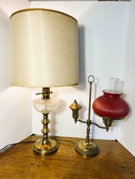 3U/ 2pcs - Vintage/Antique Brass? Electrified Kerosene Lamp, Vintage Brass & Glass Lamp