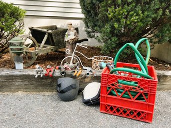 Y/ 11 Pc Garden Decor Lot - St Anthony Statue, Wood Wheel Barrow, Hose W 3 Spray Nozzle, White Plant Stand, Cl