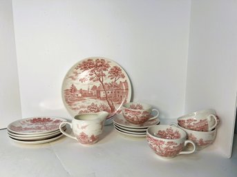 AN/CR80 - Box 14pcs - Red Ceramic Tea And Dessert Set - Japan: Pretty Landscape Design