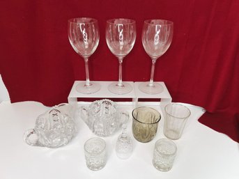 JU/ 10pcs - Assorted Glassware: Wine Glasses, Votive Holders, Bell, Sugar-creamer Set Etc