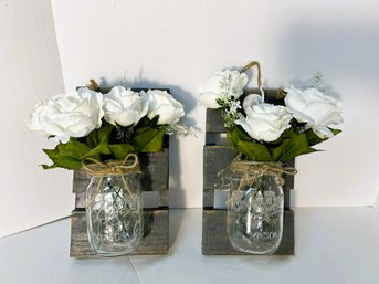 AN/CR195 Box 2pcs - Ball Jar Decorative Lights On Wood Backing With Faux White Roses