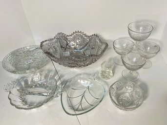 AN/CR197 Box 10pcs - Assorted Cut And Pressed Glass Bowls, Etched Glass Champagne Coupes Etc