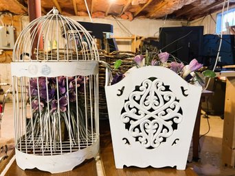 C/ 4 Pc Faux Floral Decor - White Metal Bird Cage, White Wood Cut Out Box, 2 Bunches Of Purple Faux Florals